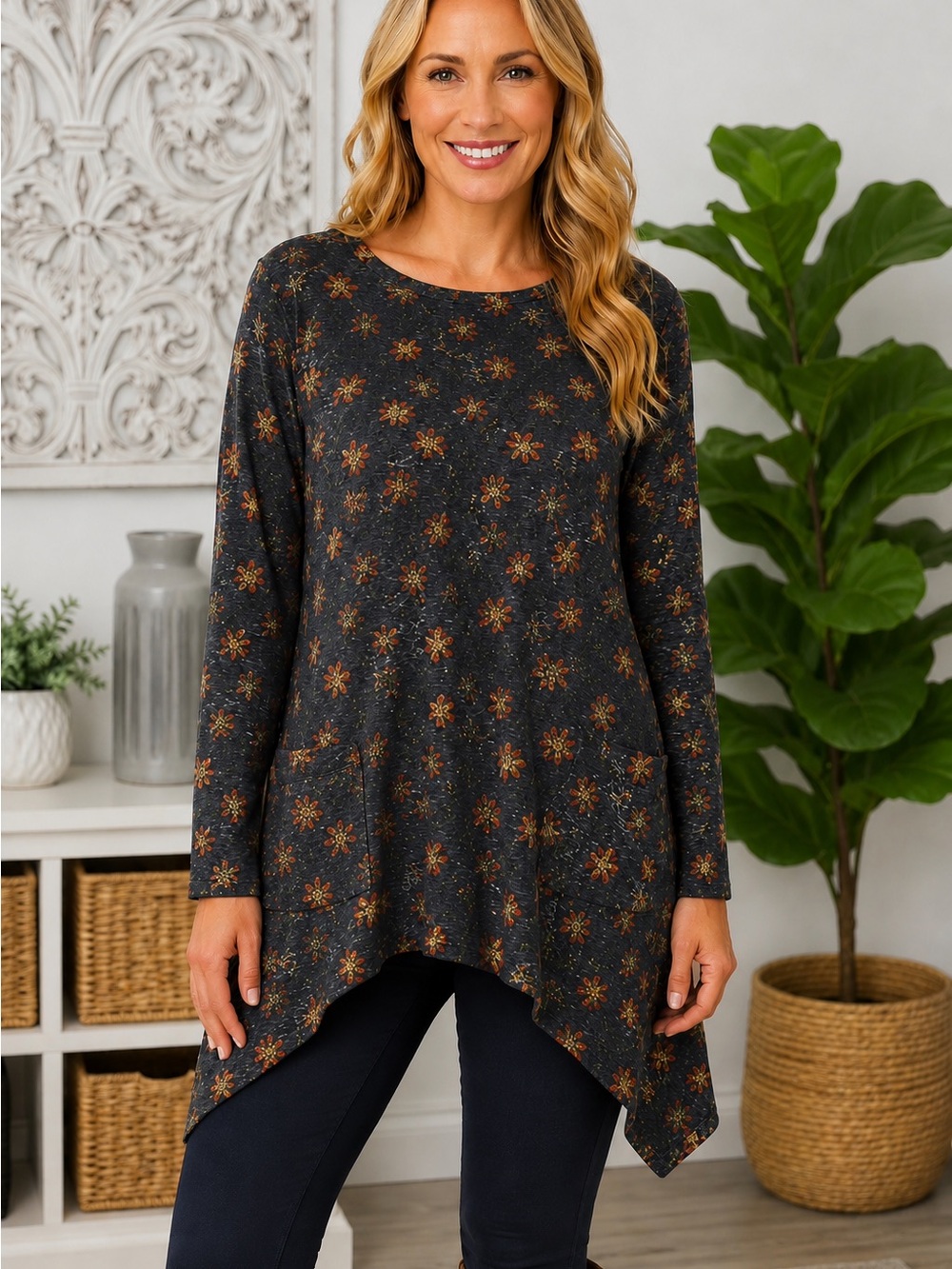 Yak & Yeti Floral Sharkbite Tunic Top XL NWT Boho Pocket
